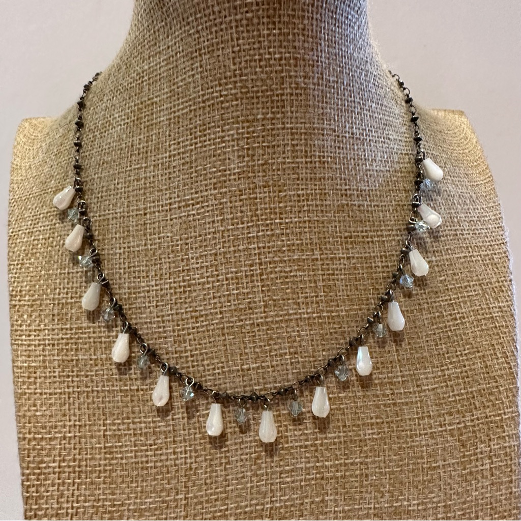 Liz Paiacios Necklace, Vintage- Ant. Silver Tone W/ Teardrop Moonstone Dangles